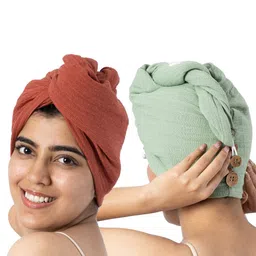 Doctor Towels Set Of 2 Rust Brown & Green Banana Double Cloth 300 GSM Hair Wrap Towels-14