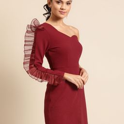 DODO & MOA Women Maroon One-Shoulder Solid Wrap Dress-image-31