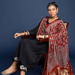 Taavi Ajrakh Hand Block Printed Dupatta with Zari image 5