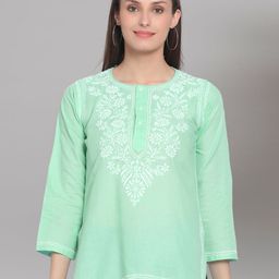 PARAMOUNT CHIKAN Sea Green & White Floral Embroidered Chikankari Kurti-picture-8