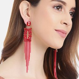 YouBella Red & Pink Stone-Studded Tasselled Geometric Drop Earrings-26
