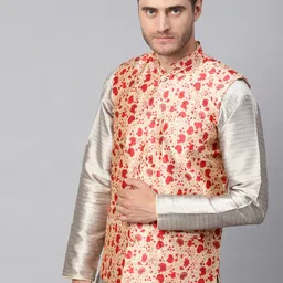 SOJANYA Men Beige & Red Printed Nehru Jacket image 2