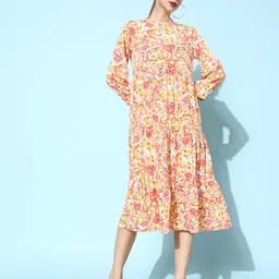 ANVI Be Yourself White & Orange Floral Printed Tie-Up Neck Tiered Crepe A-Line Midi Dress-image-14