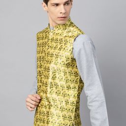 SOJANYA Men Yellow & Green Printed Nehru Jacket image 5