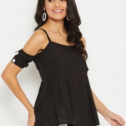PANIT Black Shoulder Straps With Off Shoulder Puff Sleeves A-Line Top image 4