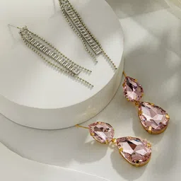Jazz and Sizzle Set of 2 Gold-Plated Contemporary Stone Studded Drop Earrings-0