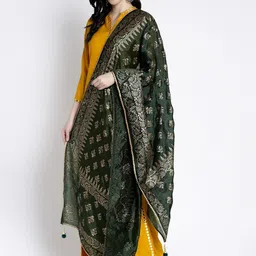 Clora Creation Green & Gold-Colored Printed Silk Dupatta image 2