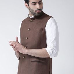 KISAH Men Brown Solid Nehru Jacket image 3