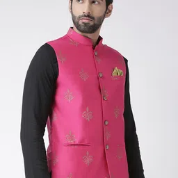 KISAH Men Magenta & Gold-Toned Printed Nehru Jacket image 5