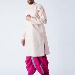 SOJANYA Men Peach-Coloured & Magenta Solid Kurta with Dhoti Pants image 3