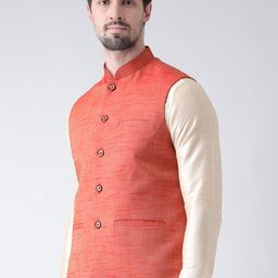 Deyann Men Red Self Design Nehru Jacket image 5