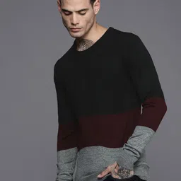 WROGN Men Black & Maroon Colourblocked Pullover Sweater-image-79