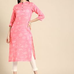 Anouk Women Pink & White Checked And Printed Pure Cotton Straight Kurta-30