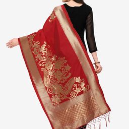 Blissta Red & Gold-Coloured Woven Design Dupatta image 3