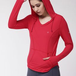 Fitkin Women Red Self Design Hood Training T-shirt-picture-33