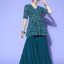 Inddus Women Teal Floral Embroidered Regular Thread Work Kurta with Sharara-picture-3