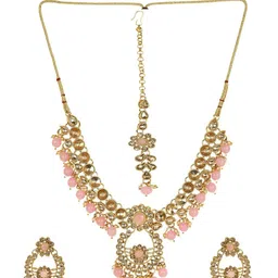 ANIKAS CREATION Gold-Plated Beige & Pink Kundan-Studded Pearl Embellished Handcrafted Sustainable Jewellery Set-picture-33