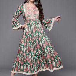 Indo Era Green & Pink Floral Embroidered Ethnic A-Line Maxi Ethnic Dress-image-1