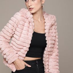 bebe Women Peach-Coloured Self Design Faux Fur Trim Hooded Tailored Jacket-picture-8