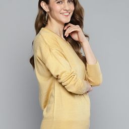 HERE&NOW Women Beige Solid V-Neck Pullover with Sheen Detail-image-51