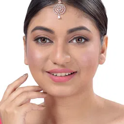 Saraf RS Jewellery Rose Gold-Plated White CZ & AD-Studded Handcrafted Maang Tikka-41