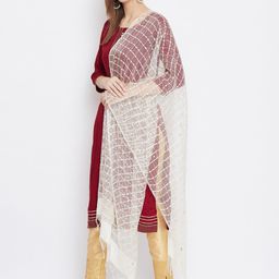 Clora Creation White & Gold-Toned Checked Dupatta image 3