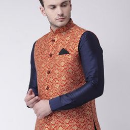 Deyann Men Red & Gold-Coloured Printed Nehru Jacket image 5