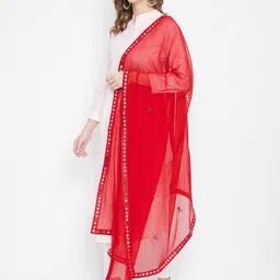 Clora Creation Red & Silver-Toned Woven Design Dupatta image 5