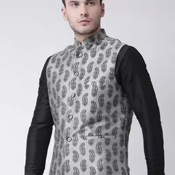 DEYANN Men Grey Printed Nehru Jacket & Pocket Square image 2