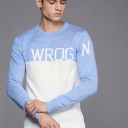 WROGN Men Blue & White Colourblocked Slim-Fit Pullover with Embroidered Detail-image-6