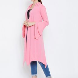 Hypernation Pink Solid Open Front Bell Sleeves Longline Shrug image 4