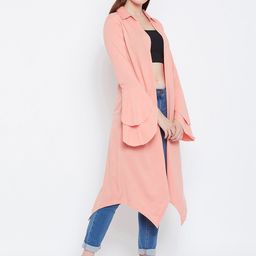 Hypernation Peach-Coloured Solid Open Front Bell Sleeves Longline Shrug image 4