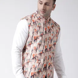 Hangup Men Cream-Coloured & Orange Printed UV Protected Nehru Jacket image 2