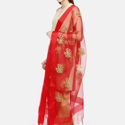 Dupatta Bazaar Red & Gold-Toned Embroidered Dupatta image 3