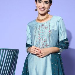Sangria Floral Yoke Design Regular Sequinned Kurta with Trousers & Dupatta image 5