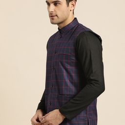 SOJANYA Men Navy & Red Checked Nehru Jacket image 3