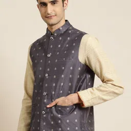 Sojanya Men Charcoal Grey & Silver Self Design Nehru Jacket image 3