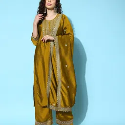 SheWill Ethnic Motifs Embroidered Regular Sequinned Kurta with Palazzos & Dupatta image 3