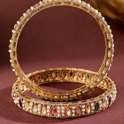 Rubans Set of 2 18K Gold-Plated Mini Pearl Studded & Multi-Coloured Stone Patterned Bangle image 4