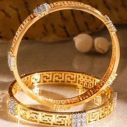 Rubans Set of 2 22K Gold-Plated Greek Key Design & Cubic Zirconia Handcrafted Bangles image 3
