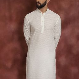 SOJANYA Men Cream-Coloured & delicacy Geometric Thread Work Kurta image 5