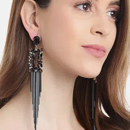 YouBella Black & Grey Artificial Stone Studded Tasselled Geometric Drop Earrings-9