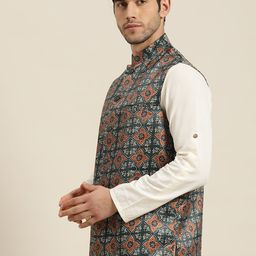 SOJANYA Men Teal Green & Rust Orange Printed Nehru Jacket image 3