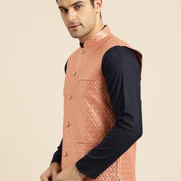 SOJANYA Men Peach-Coloured & Golden Woven Design Nehru Jacket image 5