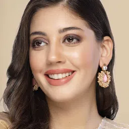 ADIVA Gold-Plated Stone-Studded & Beaded Classic Drop Earrings image 3
