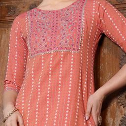 Stylum Peach-Coloured & Pink Woven Design Mirror Work Kurta With Trousers & Dupatta image 3