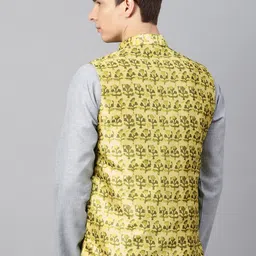SOJANYA Men Yellow & Green Printed Nehru Jacket image 3