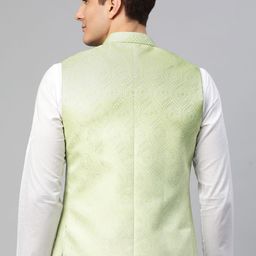 MANQ Green & White Ethnic Motifs Jaquard Woven Design Nehru Jacket image 4