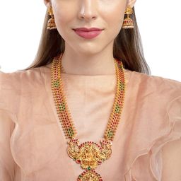 Zaveri Pearls Gold-Plated Red & Green Stone-Studded Goddess Laxmi Temple Jewellery Set-7