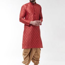 SOJANYA Men Red & Gold-Coloured Self Design Kurta with Dhoti Pants image 5